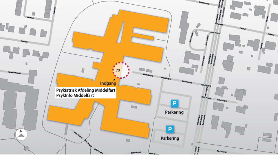Oversigtskort til Psykiatrisk Afdeling Middelfart, Østre Hougvej