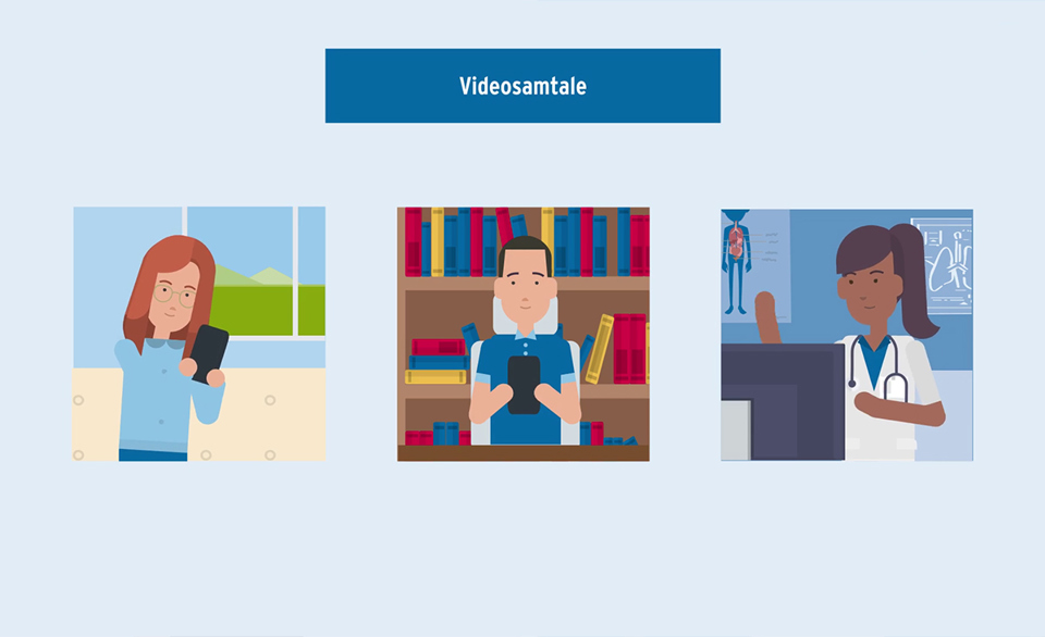 Læge laver videoopkald med tre mennesker, der sidder forskellige steder