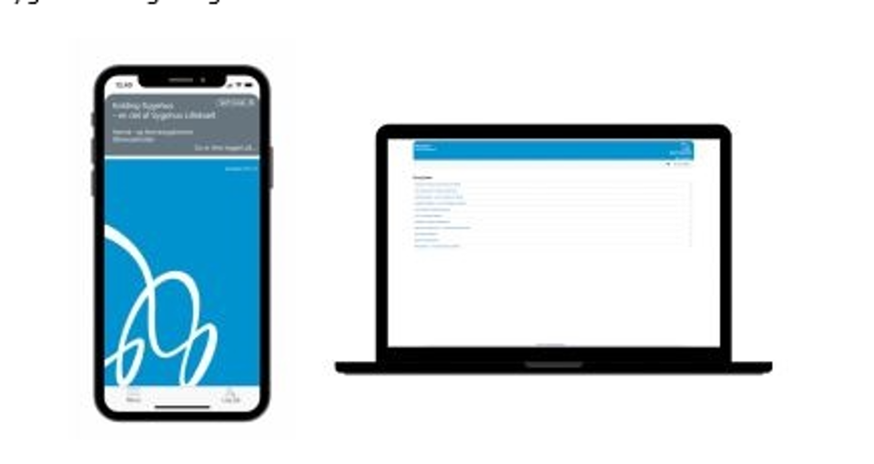 Billede af appen på hhv. smartphone og skærm